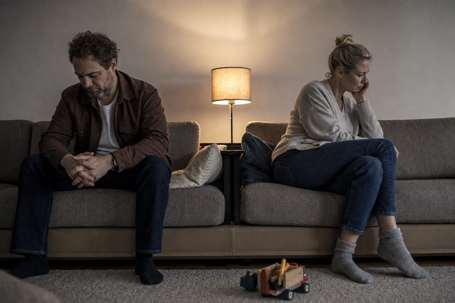 A couple in their forties sitting at opposite ends of a couch in the evening, both looking down