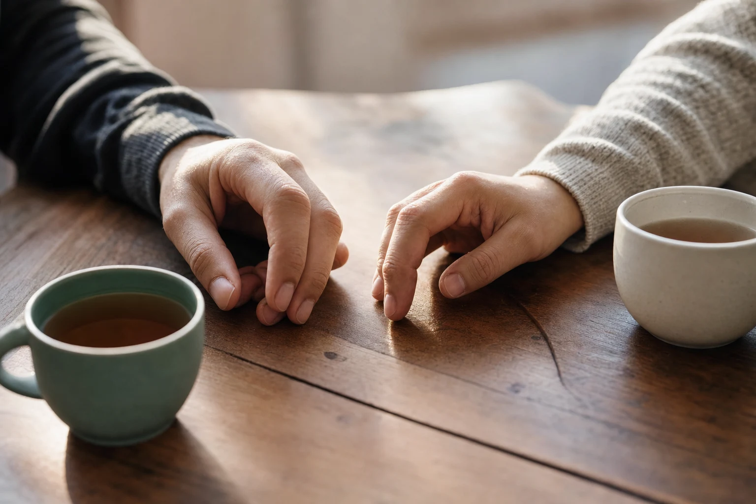 A couple's hands meeting across a kitchen table beside two mugs of tea