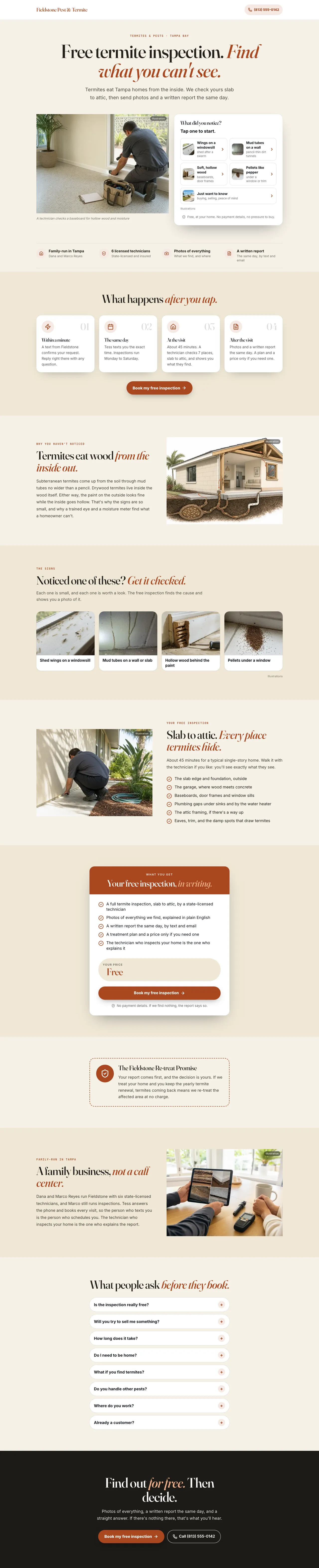 The whole Fieldstone Pest & Termite funnel page on a computer, top to bottom.